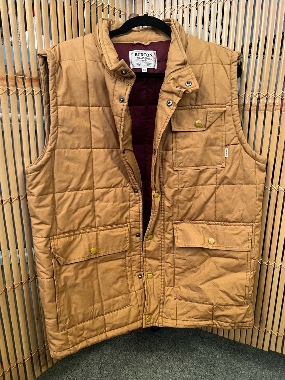 Burton Men's Quilted Caramel Work Vest with Maroon Lining